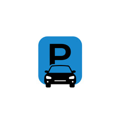 Mobile app icon for car parking service with blue P and vehicle silhouette on white background