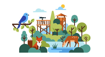 Obraz premium Wildlife Observation Tower Scenic Vista: Fox, Deer, and Bluebird