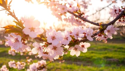 Fototapeta premium Blossoming Cherry Tree Branch Bathed in Golden Sunset Light Over Green Meadow
