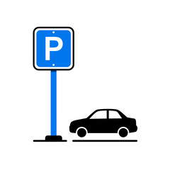 Blue parking sign and black car icon isolated on white background, vector illustration for transport navigation
