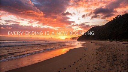 Beautiful sunset over serene beach with inspirational quote