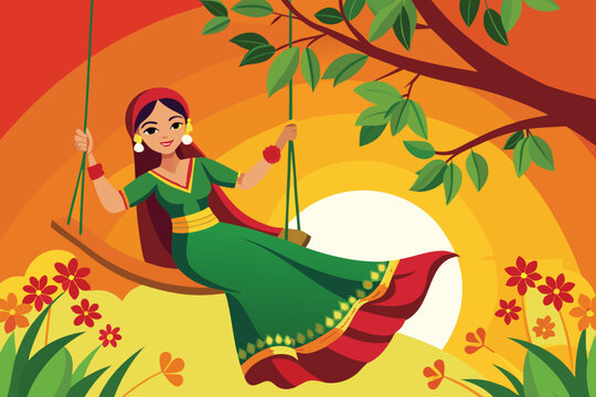 Woman on Swing Under Tree at Sunset nature