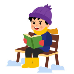 Boy Kid Reading Book on Bench