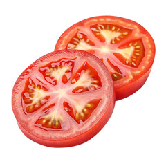 Two freshly sliced red tomatoes showing juicy interior isolated on transparent background