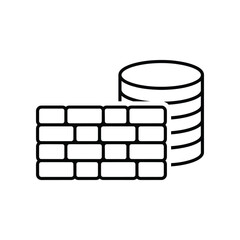 Data Fortress: A minimalistic line illustration of a sturdy brick wall guarding a cylindrical stack of data, symbolizing digital security. 
