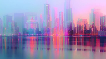 Vaporwave pastel holographic city skyline, blurred grainy gradient textures, lo-fi digital retro aesthetic, multicolor soft noise overlay, dreamy background, soft lighting, cinematic video loop 4k - Powered by Adobe