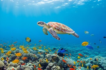 Obraz premium Graceful sea turtle swims amidst vibrant coral reef life