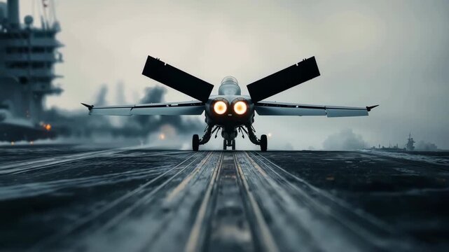 Rear View of Fighter Jet Preparing for Takeoff on Aircraft Carrier Deck