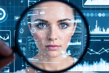 Woman analyzes futuristic data with glowing cybernetic interface