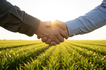 Partners shake hands in sunny field, sealing a deal