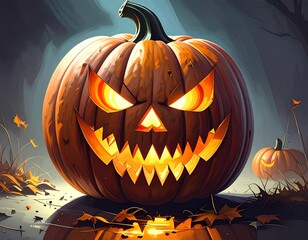 A close-up of a carved jack-o&rsquo;-lantern with an evil expression glowing in the dark.