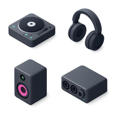 Obraz premium Isometric audio production gear transparent PNG 2x2 set DJ turntable studio headphones monitor speaker USB audio interface isolated cut out for music app UI ecommerce branding