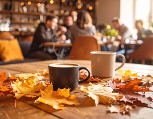 Two steaming coffee mugs on rustic wooden café table with autumn leaves, cozy golden light, blurred background of people indoors, warm seasonal lifestyle atmosphere