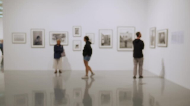 Blurred art gallery and exhibition hall background - soft focus museum interior with artwork displays for creative cultural backdrop.
