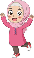 Cartoon Muslim girl wearing hijab, happy child character illustration, cute Islamic kid in pink dress, smiling little girl celebrating joy