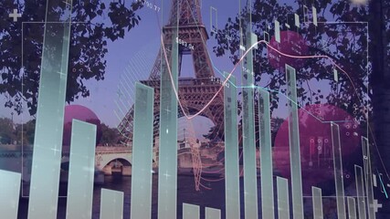Animation of statistics and data processing over paris eiffel tower - Powered by Adobe