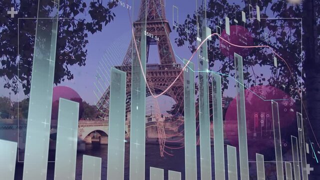 Animation of statistics and data processing over paris eiffel tower