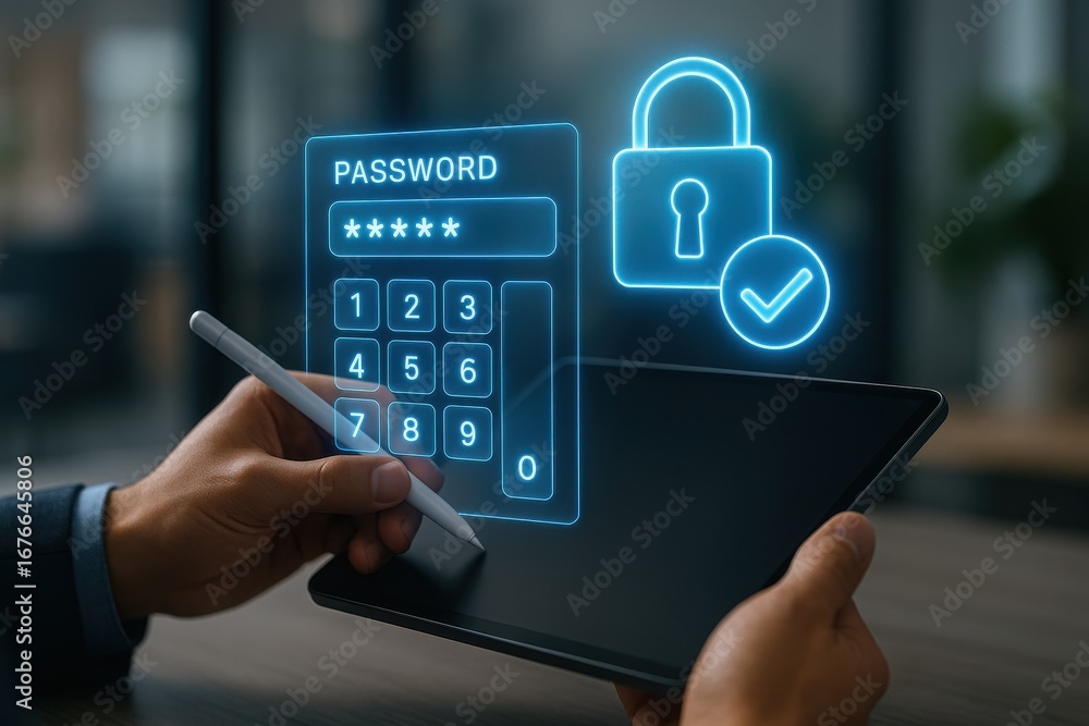 Aufkleber cybersecurity authentication: a person secures a digital device with innovative holographic user aut