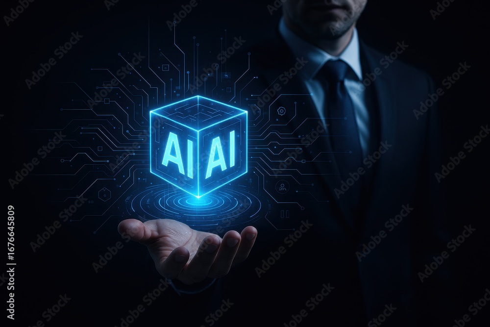 Aufkleber ai cube and digital interface: a person's hand cradles a glowing digital cube emblazoned with ai let