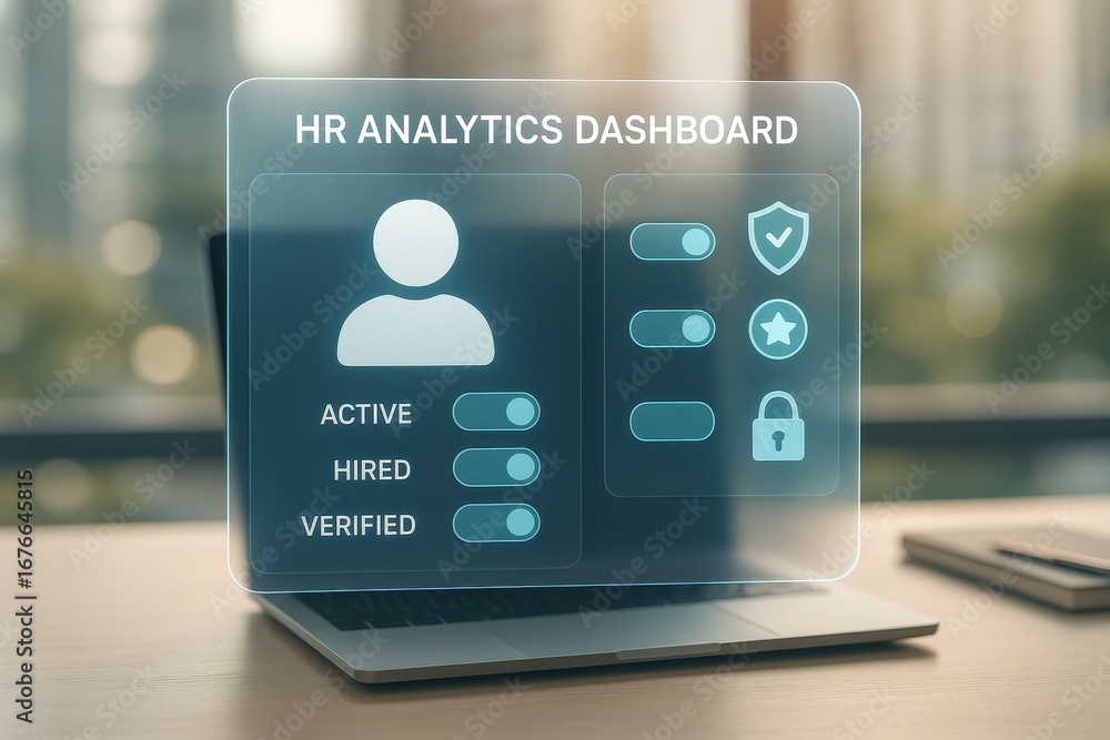 Poster hr analytics dashboard: capturing the essence of modern hr operations, a sleek laptop displays an in