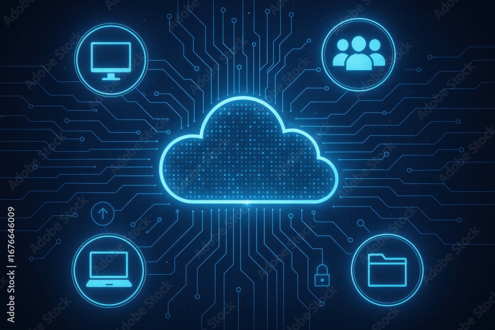 Poster cloud computing network connection: illustrates modern technology and interconnected data processing