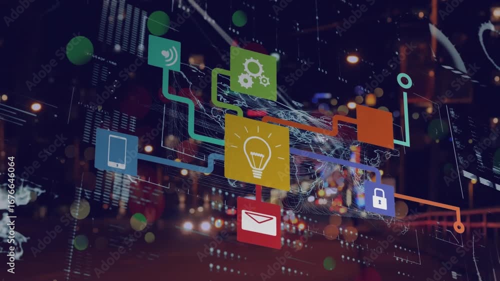 Poster animation of network of digital icons and interface with data processing against night city traffic