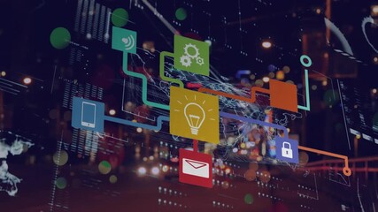 Animation of network of digital icons and interface with data processing against night city traffic - Powered by Adobe