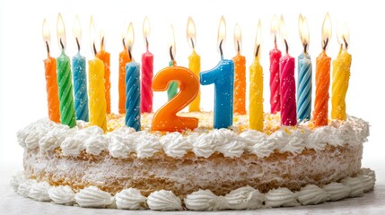 Festive birthday celebration with colorful cake and twenty-one lit candles surrounded by party decorations and confetti