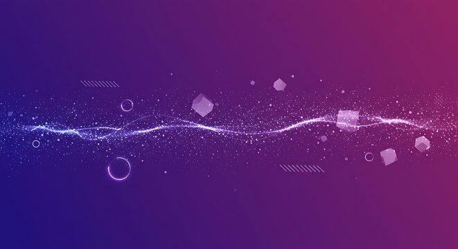 Dynamic purple background with glowing particles and geometric shapes for modern technology presentations