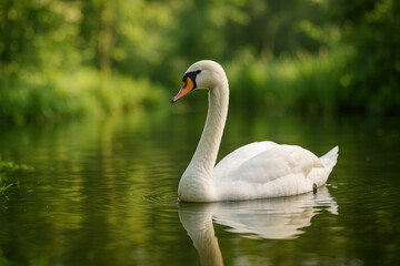 Obraz premium Graceful Swan on a Serene Lake: A pristine white swan glides effortlessly across the tranquil surface of a serene lake, surrounded by lush greenery and nature's symphony of peace.