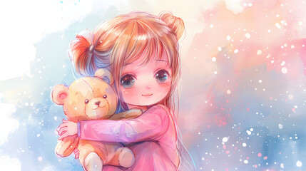 Fototapeta premium cute siberian girl hugging a stuffed animal joyful watercolor