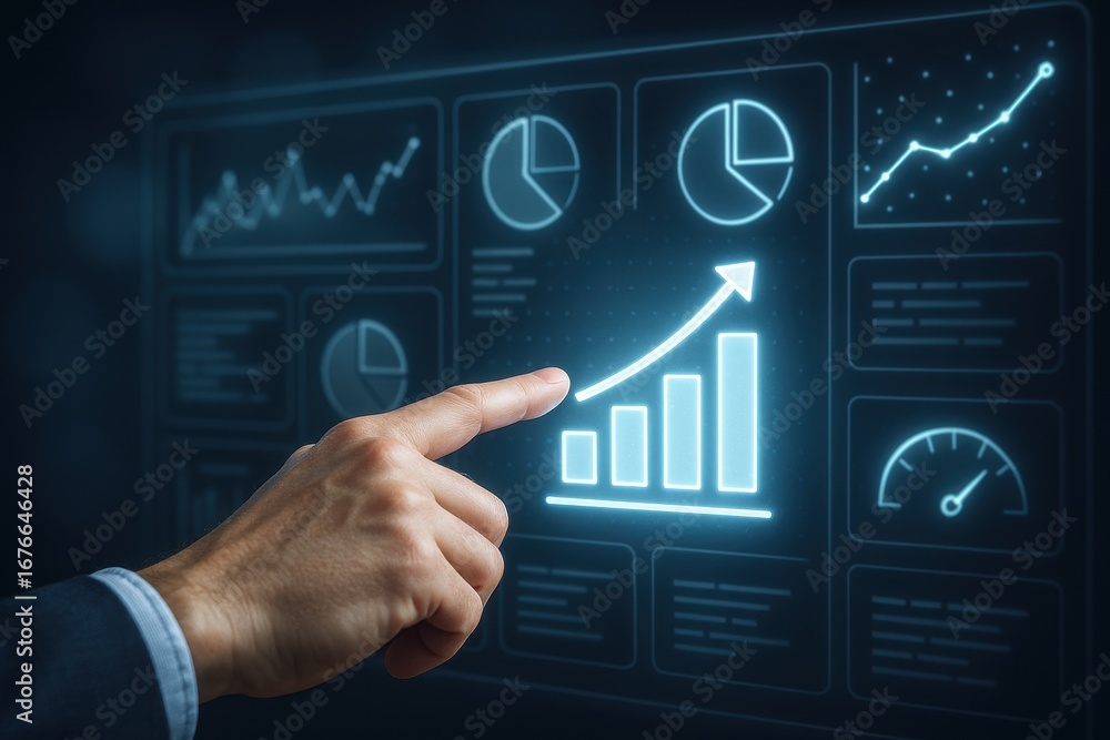 Poster business data analysis: a close-up view of a hand pointing towards an upward trend chart displayed o