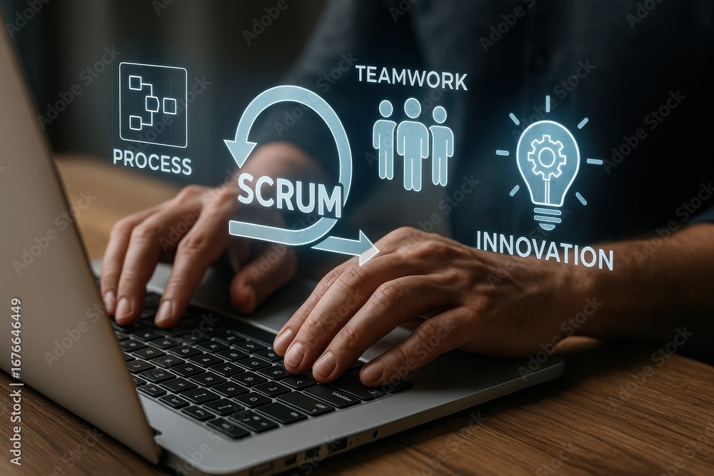 Poster scrum workflow: a close-up view of a person working on a laptop, with digital icons of teamwork, pro