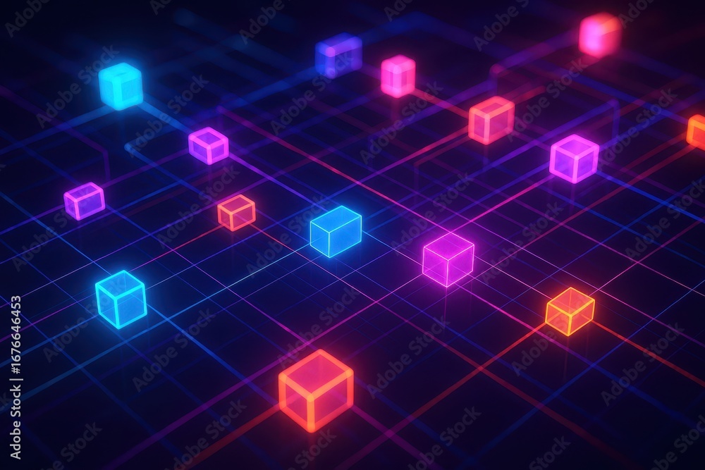 Poster digital data network: neon-lit cubes connect in a complex digital web, symbolizing the interconnecte