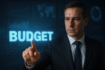 Obraz premium Focused Vision: A determined business person in a tailored suit points towards a neon-lit budget against a backdrop of financial data, conveying strategic planning and monetary focus. 