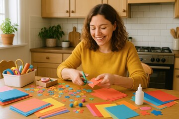 Fototapeta premium Crafting Creativity in the Kitchen: A woman, brimming with happiness, meticulously crafts a colorful creation, surrounded by various craft supplies. It's a scene of creativity, leisure.