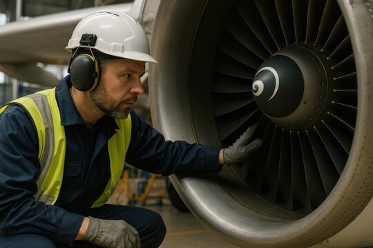 Aviation Professional at Work: A focused aviation engineer examines the turbine engine of an aircraft, highlighting precision and expertise in the realm of flight and engineering.