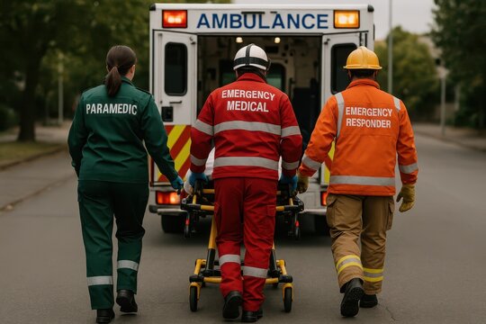 Emergency Response: A dedicated team of paramedics, emergency medical staff, and emergency responders work together, ensuring the safety of an individual on a stretcher.