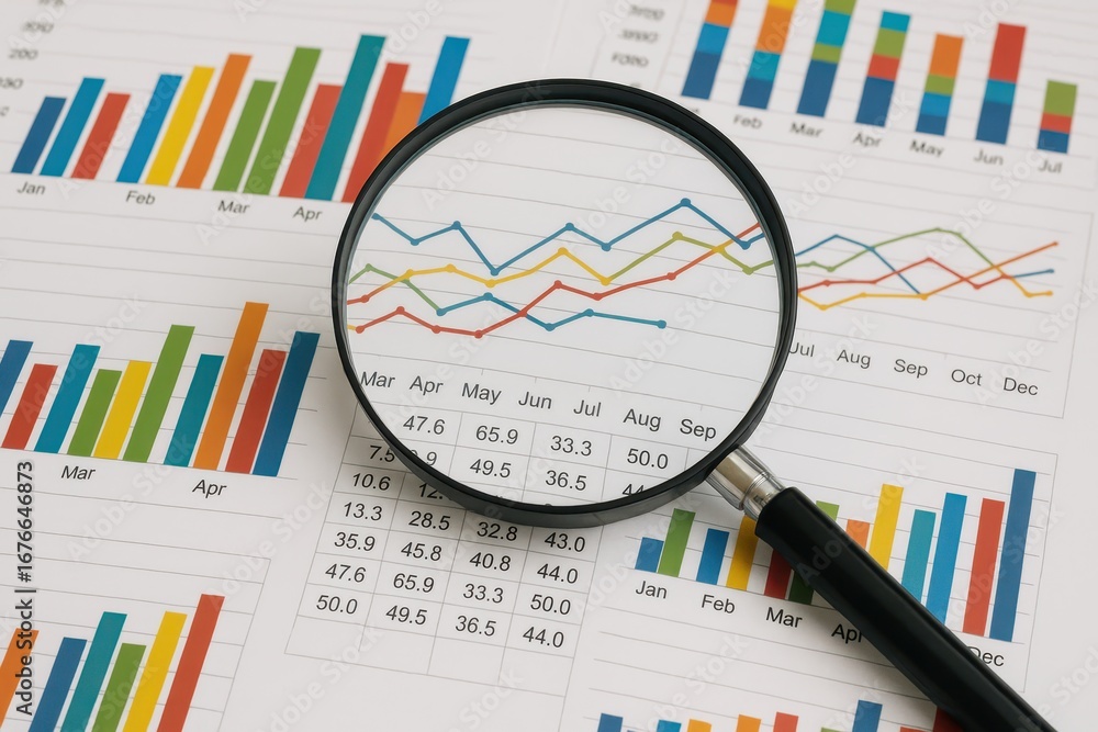 Poster data analysis in focus: a detailed analysis of charts and graphs, visualized under a magnifying glas