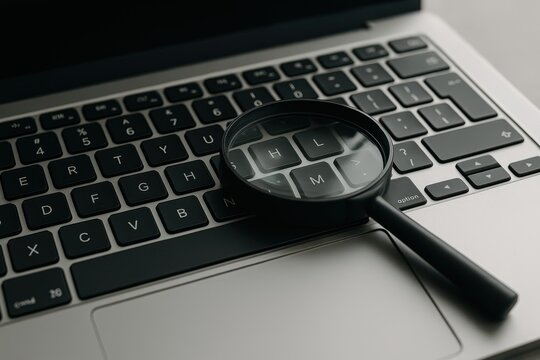 Focus on Detail: A magnifying glass sits poised upon a modern laptop's keyboard, its lens magnifying the L key, emphasizing the core of information and analysis. 