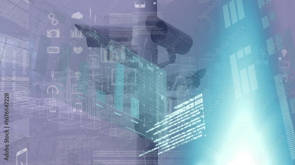 Poster security cameras over a city with an interface on an alpha channel