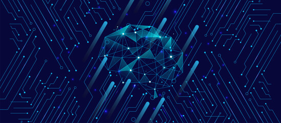 Futuristic digital brain made of glowing blue polygons and points, connected to a circuit network on a dark navy background