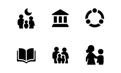 Family and education icons set featuring silhouettes of people, book, and community symbols