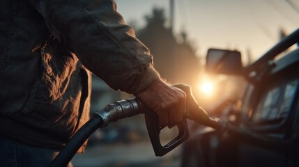 Obraz premium Rugged farmer refueling vehicle at sunrise, cinematic close-up of working hand with diesel pump in rural countryside scene