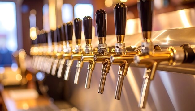 A row of elegant beer taps in a vibrant pub setting, showcasing various drink options and ambiance