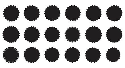 A collection of black seal icons on a white background for verification purposes silhouette