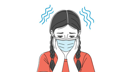 Young person feeling unwell wearing a face mask while feeling overheated and sweating heavily with concern