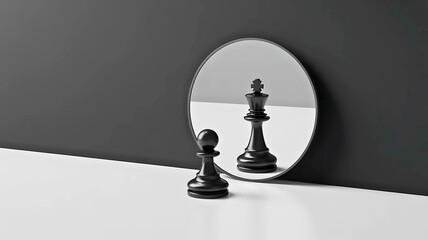 A chess pawn reflecting as a king in a mirror, symbolizing ambition, transformation, and potential