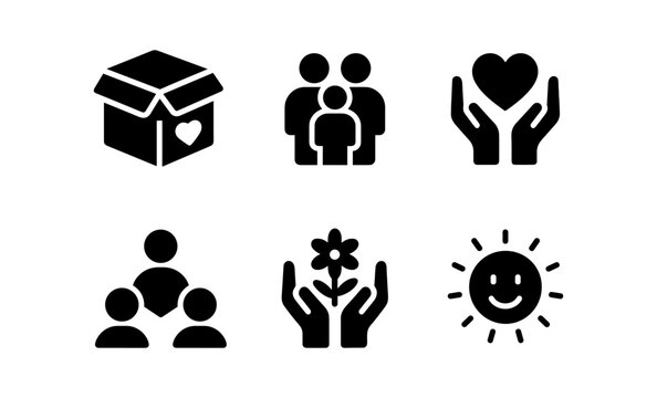 Minimalist family and care icons featuring heart, flower, and sun themes