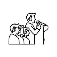 Conference Translation Icon: An illustration depicting the essence of simultaneous interpretation at a conference, capturing a speaker and attentive listeners.